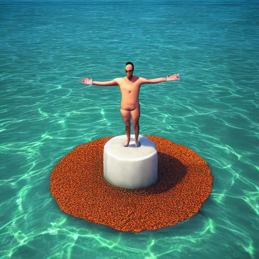 Image similar to 3d render of the most powerful person on earth with water super powers, Standing on a small round island, floating in the ocean, high detail,