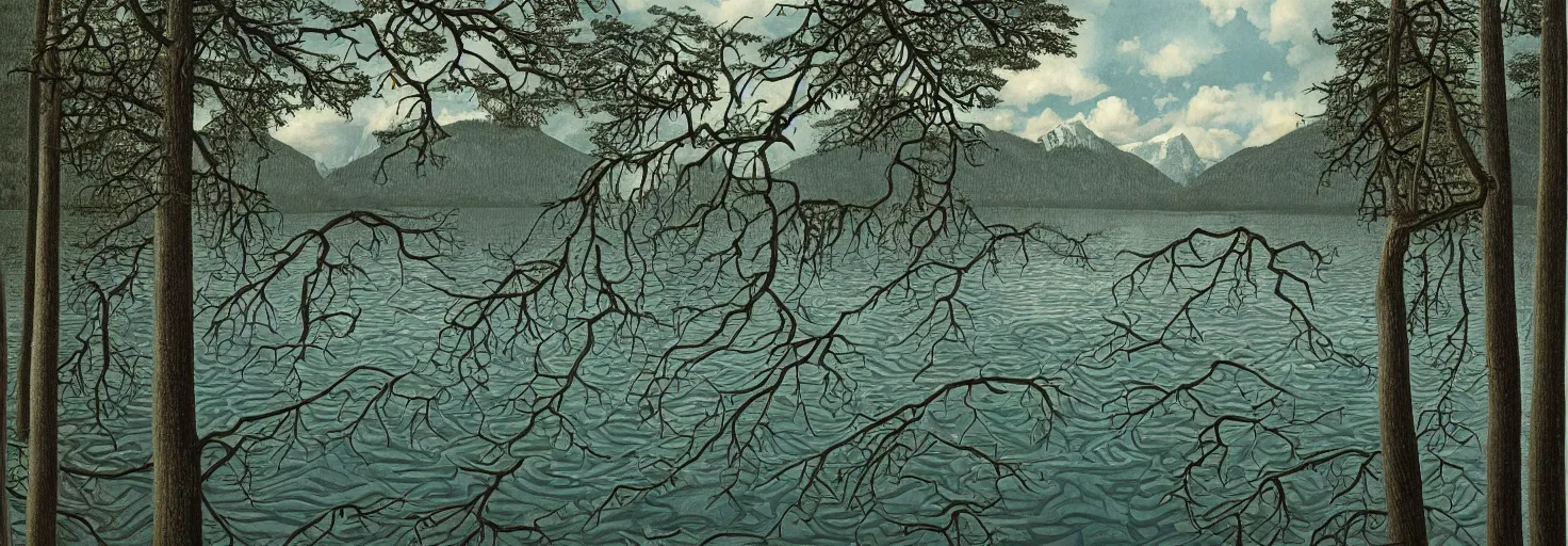 Image similar to escher painting of a lake, big trees reflecting on lake surface, mountains at background, snowy, ultra sharp, ultra detailed, horror emotion, colorized by salvador