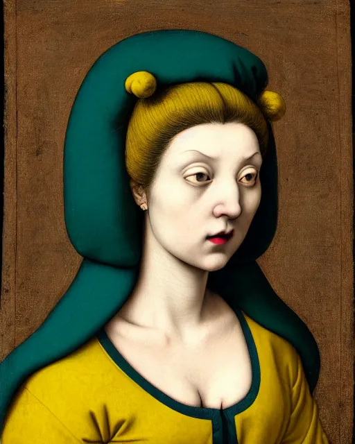 Prompt: portrait of a pale curvy woman with green blue hair buns, wearing a yellow hoodie, standing in the bedroom, intricate details, high detail, black background, in a high renaissance style, in the style of jacopo da pontormo, by mark ryden, punk, asian art,