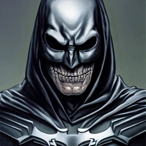 Image similar to ultra realistic portrait painting of skeletor as batman, art by jack kirby, 4 k, ultra realistic, highly detailed, epic lighting