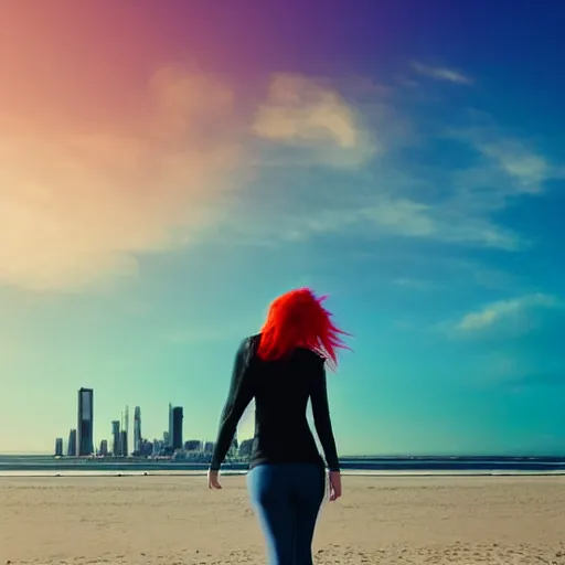 Image similar to lonely young woman with red hair, magenta coat, and light blue pants ; wandering a beach at sunset with a city skyline on the horizon, digital painting, anime inspired, warm lighting, swimming pool in foreground