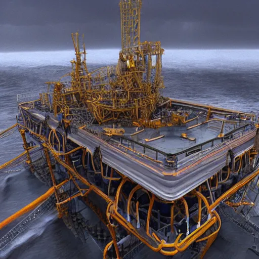 Image similar to A cathedral on an oilrig in the midst of a hurricane, concept art 4k hd unreal engine,