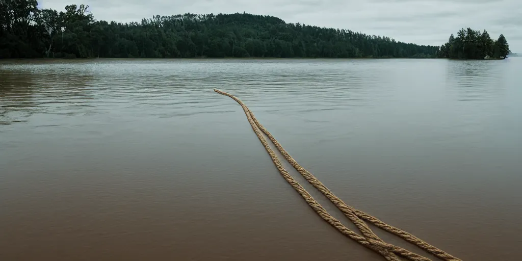 Image similar to centered photograph of a single line of big thick long rope tan floating on the surface stretching out to the center of the lake, a dark lake sandy shore on a cloudy day, color film, trees in the background, hyper - detailed color photo, anamorphic lens