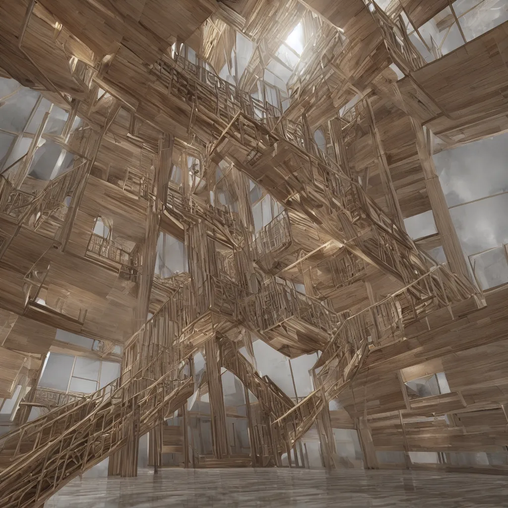 Image similar to a wooden and marble monumental stair tower of light climbing up, designed by japanese architect, highly detailed, 4 k, unreal engine, volumetric lightning, mist, golden goddess athena