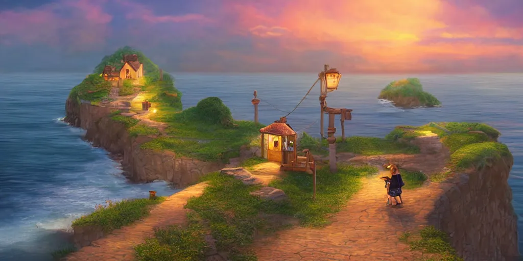 Image similar to epic professional digital art of a lonely cobblestone street with a kiosk on a cliff over the sea at sunset, highly detailed, pixar movie
