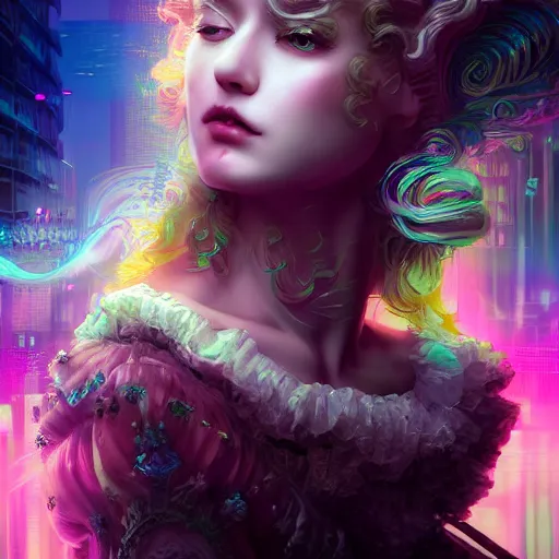 Prompt: Beautiful rococo victorian princess, cyberpunk vapor wave glitch wave art, 4k digital illustration by artgerm, wlop, Andrei Riabovitchev, Marc Simonetti, yoshitaka Amano, artstation, 8k resolution, soft focus