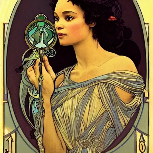 Image similar to thandiwe newton portrait by louis - theophile hingre and alphonse mucha, realistic, sharp focus, zodiac signs, tarot cards, planets, ethereal, art nouveau, magic, moon, sun, crown, dreamy, royal, jewellery