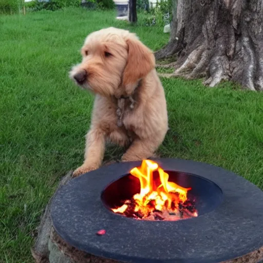Image similar to dog / human hybrid starts a fire
