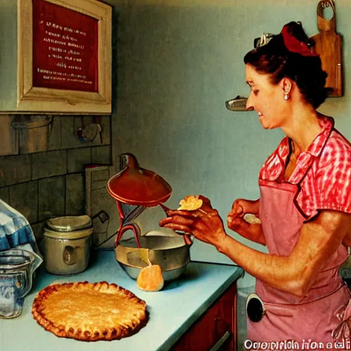 Prompt: housewife putting a hot apple pie on kitchen table, light blue dress, apron, sticking up her middle finger, artwork of norman rockwell