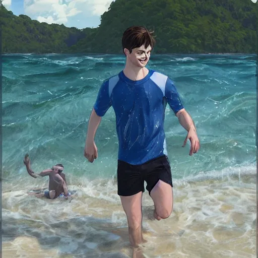 Image similar to Daniel Radcliffe wading in the beach, waist deep in the water, ripples, facing the camera, full shot, wearing blue swimsuit. By Makoto Shinkai, Stanley Artgerm Lau, WLOP, Rossdraws, James Jean, Andrei Riabovitchev, Marc Simonetti, krenz cushart, Sakimichan, trending on ArtStation, digital art. @MarioManiacDude