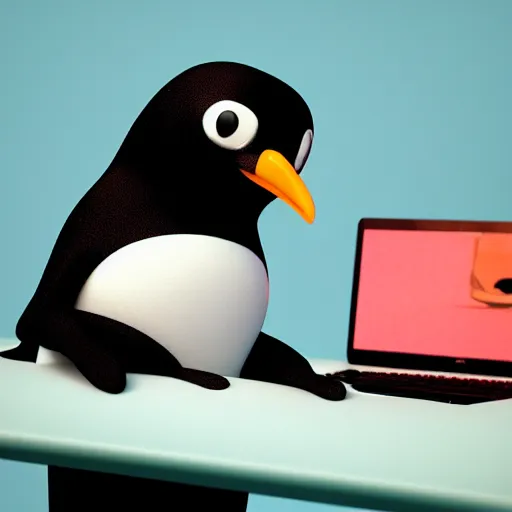 Prompt: pingu sitting behind a computer, 3 d render, painted by mark ryden, art, epic lighting