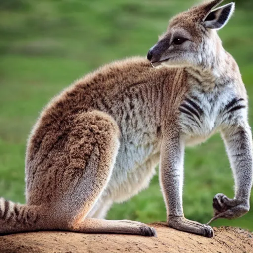 Prompt: a bearded kangaroo with tiger stripes