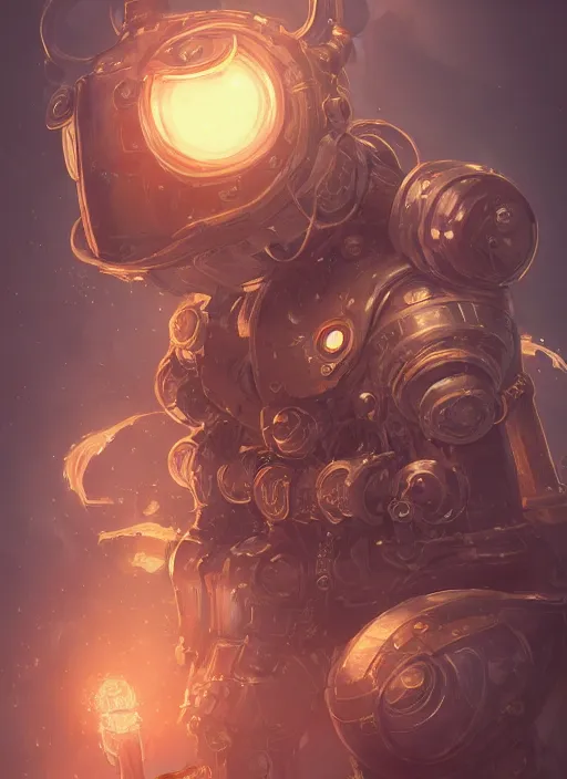 Image similar to a highly detailed illustration of gentle cute giant steampunk robot, cute glowing eyes and smile, adorably sitting gentle pose, intricate, elegant, highly detailed, centered, digital painting, artstation, concept art, smooth, sharp focus, league of legends concept art, WLOP