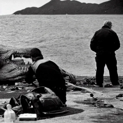 Image similar to extreme wide angle photo of godzilla taking a smoking break between filming setups