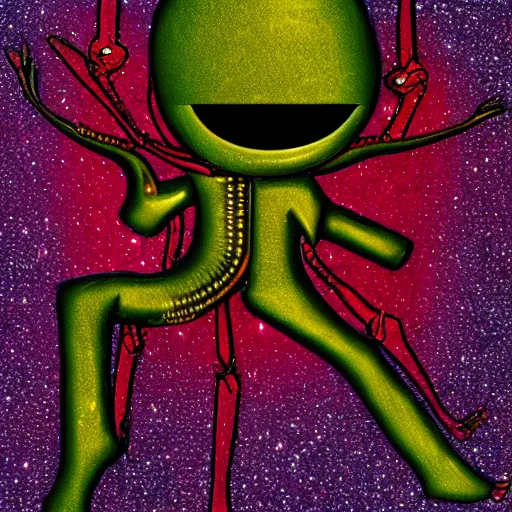 Image similar to a metallic, dancing alien