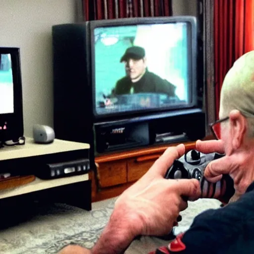 Prompt: Mafia boss playing video games with his grandson, shot on iPhone, living room, CRT TV