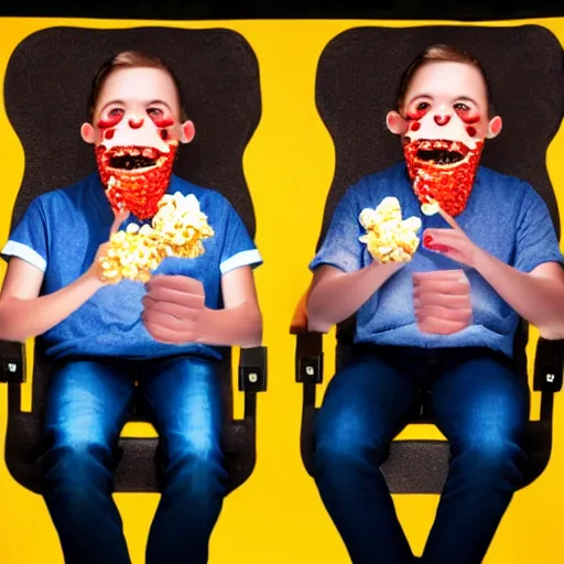 Image similar to hyper realistic, two headed human eating popcorn at the cinema