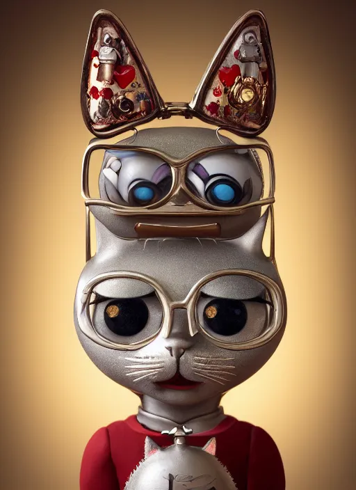 Prompt: closeup face profile portrait of a tin toy cat eating cakes, depth of field, zeiss lens, detailed, symmetrical, centered, fashion photoshoot, by nicoletta ceccoli, mark ryden, lostfish, breathtaking, 8 k resolution, extremely detailed, beautiful, establishing shot, artistic, hyperrealistic, octane render