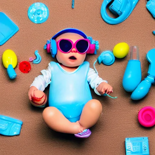 Prompt: a cute light blue baby chick, made out of colorful plastic toy parts, in fancy stylish clothes, big fashion sunglasses, a baseball cap and big headphones, doing a kick in the air