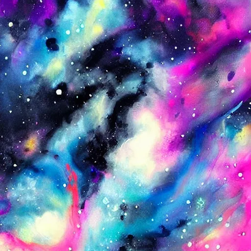 Image similar to abstract ink and acrylic painting, pouring, sprays, nebulae colors, black dark blue purple and pink color scheme, curves, starfield, artstation, pinterest