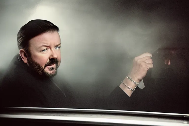 Image similar to a cinematic painting of ricky gervais looking through a steamed up limousine window, paparazzi, beautiful lighting, high depth, ultra realistic, artistic, by annie leibovitz