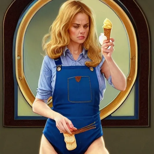 Image similar to portrait of a blonde fuller figured middle aged barbara bach from the bond film wearing blue dungarees and eating ice creams in porto, real life skin, intricate, elegant, highly detailed, artstation, concept art, smooth, sharp focus, art by artgerm and greg rutkowski and alphonse mucha