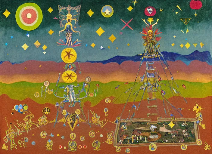 Image similar to pixel decollage painting tarot lovers card composition tower of babel road golden armour wonky alien frog and clown vampire maggot knight on a skeleton pale horse in a dark green cloudy night sky with golden foil jewish stars and diamonds, mountain lake and blossoming field in background, painted by Mark Rothko, Helen Frankenthaler, Danny Fox and Hilma af Klint, pixelated, neo expressionism, semi naive, pastel colors, cinematic, color field painting, cave painting, voxel, pop art look, outsider art, minimalistic. Bill Traylor painting, part by Philip Guston, Amano and Francis Bacon. art by Adrian Ghenie and Storm Thorgerson, very coherent symmetrical artwork, cinematic, hyper realism, high detail, octane render, unreal engine, Smooth gradients, depth of field, full body character drawing, extremely detailed, 8k, extreme detail, intricate detail, masterpiece