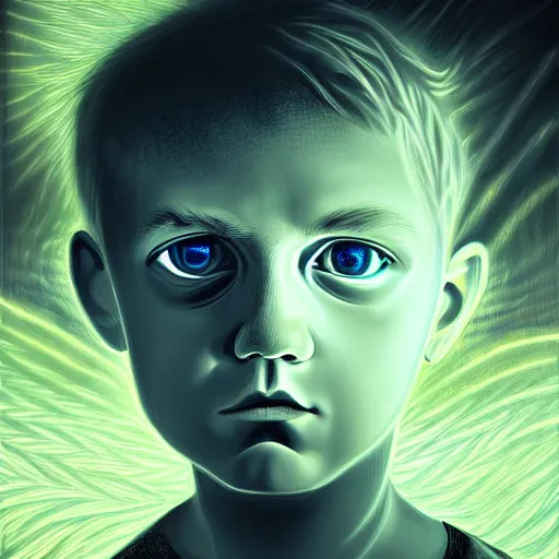 Image similar to powerful eyes glowing highly detailed painting of deep sadness alone, young blonde boy, fractal electricity surrounding him, expressive emotional sadness piece, trending on art station, abstract emotional sadness expression, very very very beautiful, fantasy digital art