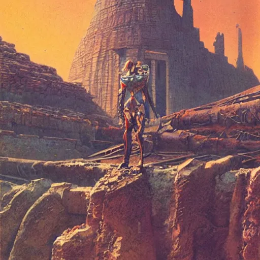 Prompt: sardaukar warrior in mars ancient ruins, vintage sci - fi art, by bruce pennington