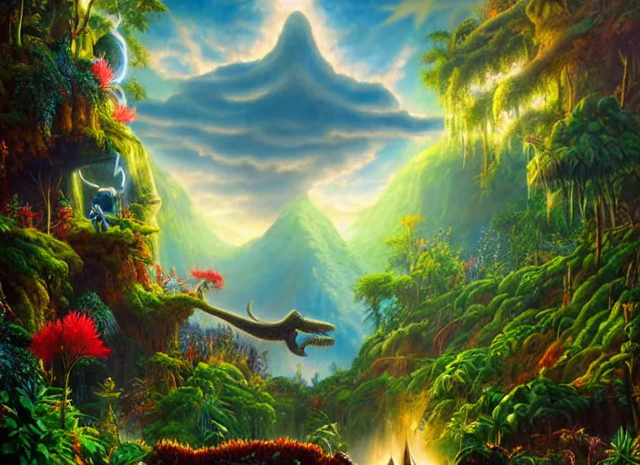 Image similar to photorealistic fantasy oil painting, great leviathan, magical unicorn, rainforest mountains, lush plants flowers, epic natural light, bright clouds, luminous sky, outer worlds, bright cinematic lighting, michael cheval, michael whelan, vray, 8 k hd