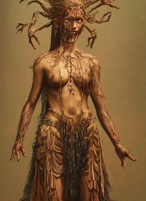 Image similar to full body portrait of marzanna slavic goddess with six arms in slavic clothes : concept art zdzisław beksinski, full body!! contour light effect!! hd, 4 k, ultra clear detailed : dark color gamma