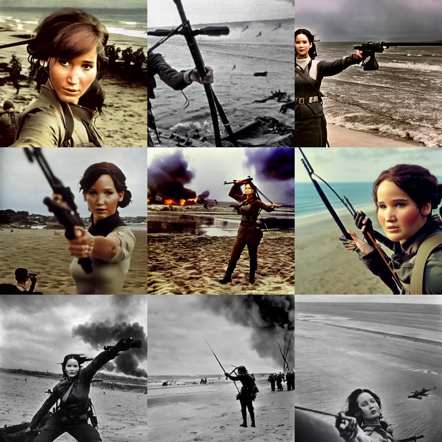 Prompt: Selfie of Katniss Everdeen furing the D-Day landings on Omaha Beach, 1944, photography by Annie Leibovitz