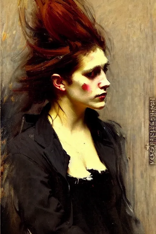 Image similar to impressionist brushstrokes!!!!!!!!! solomon joseph solomon and richard schmid and jeremy lipking victorian loose genre loose painting full length portrait painting of a young beautiful woman punk rocker