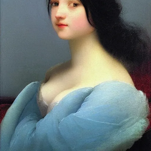 Image similar to a young woman’s face, her hair is white, she wears a long flowing blue satin veil, by ivan aivazovsky and pieter claesz and paul delaroche and alma tadema and august malmstrom and and willen claesz heda and aelbert cuyp and gerard ter borch, detailed, hyperrealistic, volumetric light, rendered in octane, rendered in redshift