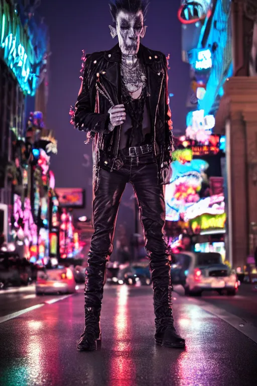 Image similar to full body portrait of a punk vampire on the Las Vegas strip at night, by shan qiao, cinematic, hyper realism, high detail, octane render, 8k,trending on artstation, CGsociety, concept art, kodak ektar