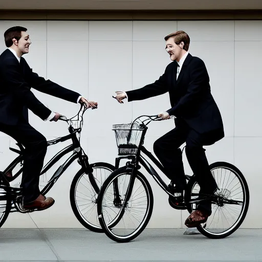 Prompt: two mormon missionaries, on bikes, with crow heads, black suits white shirts