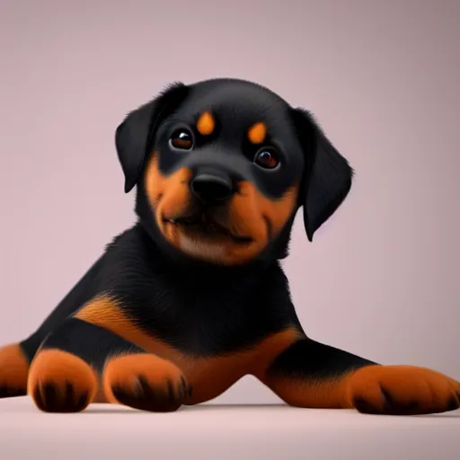 Image similar to cute rottweiler puppy, pixar, 8 k, octane render, still from pixar movie