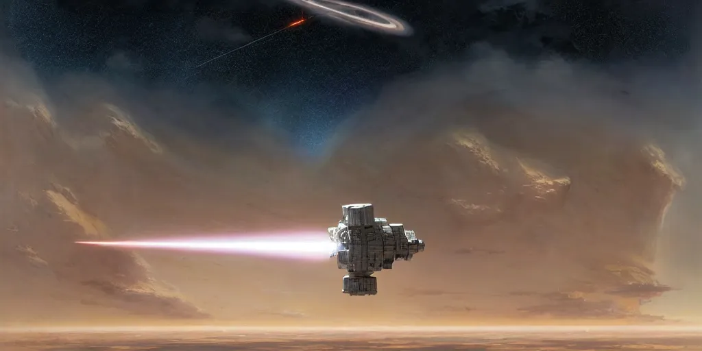 Image similar to hyper realistic sci - fi matte concept art painting of a space satellite shooting a laser down at earth, beautiful details, strong composition painted by kim jung guweta studio rutkowski, james gurney and greg rutkowski, and lucasfilm, smooth, intricate, detailed, sharp focus, cinematic