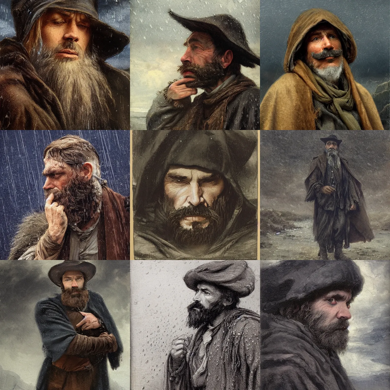 Prompt: a sad 19th century wanderer with a brown beard, dressed in a gray, worn traveling cloak, who looks like Lee Evans. heavy raining, blue tones, cinematic lighting, highly detailed, realistic, portait by Jan Matejko and J.Dickenson