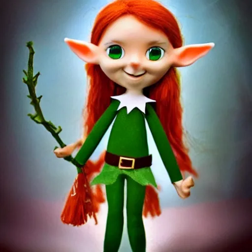 Image similar to elf druid, feminine, smiling, freckles, green eyes, red hair, tall