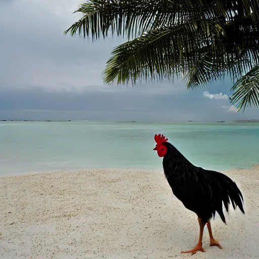 Prompt: a photograph of a rooster standing on a beautiful white sand Philippines beach