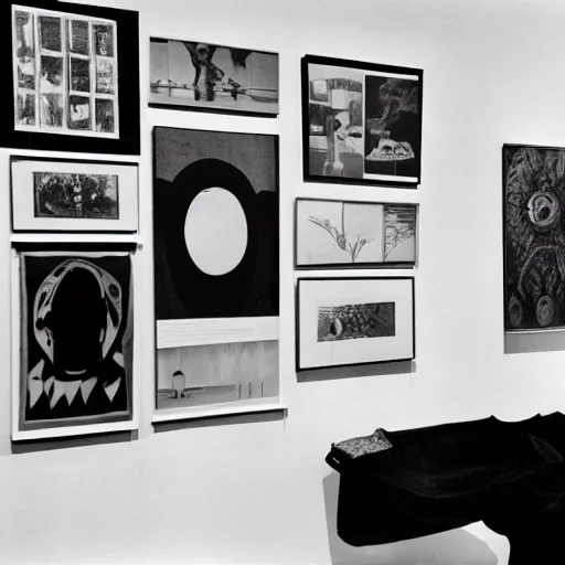 Image similar to A black and white photography printed in offset lithography of an exhibition space with works of Sun Ra, Marcel Duchamp and tropical plants, 60s, Modern Art