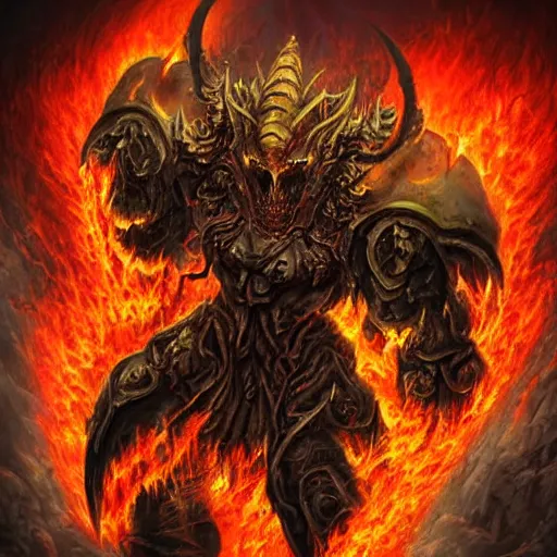 Image similar to inferno demon lord of torment in heavy molten armor, artstation hall of fame gallery, editors choice, #1 digital painting of all time, most beautiful image ever created, emotionally evocative, greatest art ever made, lifetime achievement magnum opus masterpiece, the most amazing breathtaking image with the deepest message ever painted, a thing of beauty beyond imagination or words