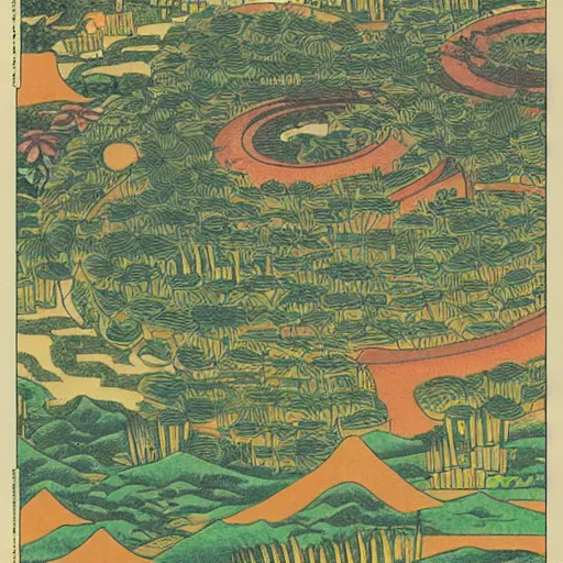 Prompt: 3d isometric botanical illustration of an alien town besides the nile river, diego rivera in Ukiyo-e style, HD