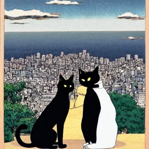 Prompt: a black cat and pug dog who are in love and hold hands while looking out over a city, Miyazaki, studio ghibli