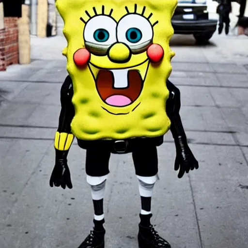 Image similar to Spongebob in real life wearing Rick Owens clothing, avant garde fashion look and clothes, outfit photograph, trending on r/Streetwear