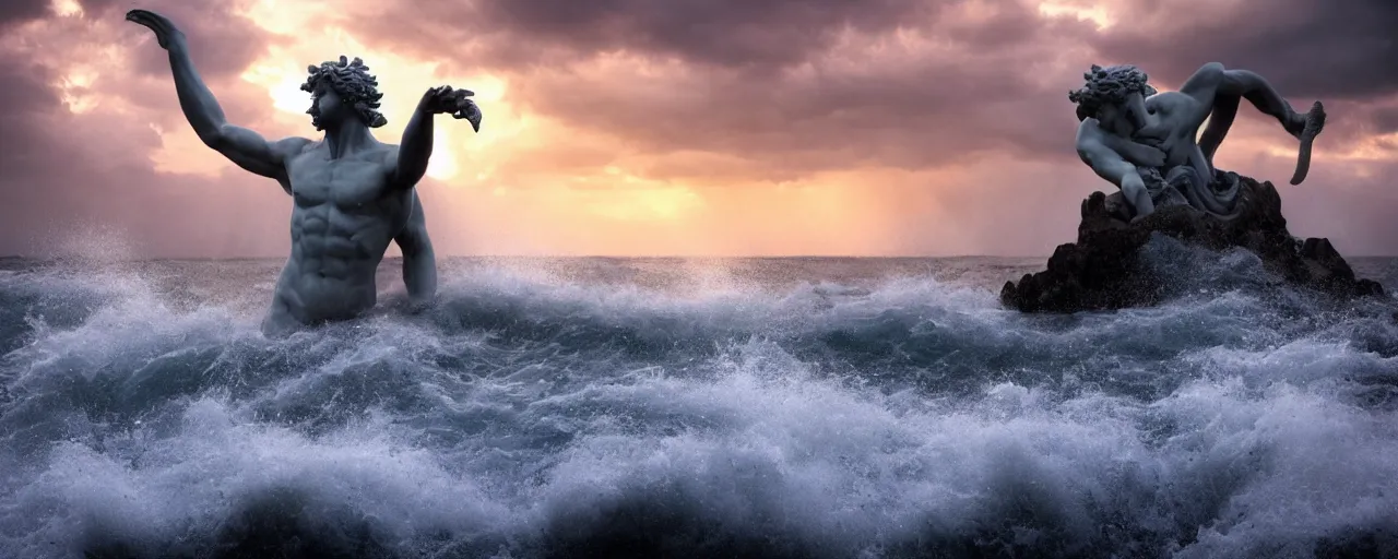 Image similar to a matte painting of a marble Poseidon statue emerging from a stormy sea at sunset, photo-realistic, very beautiful