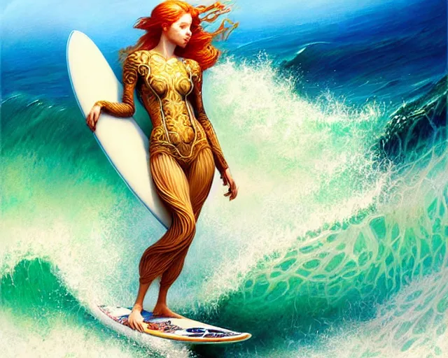 Image similar to beautiful ginger surfer is surfing on a surfboard in a sea of pasta, art nouveau, fantasy, intricate pasta waves, elegant, highly detailed, sharp focus, action art by artgerm and greg rutkowski and wlop