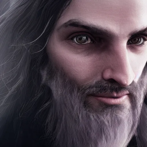 Prompt: a highly detailed portrait of a man without a beard, purple eyes, light gray colour hair, wearing a black cloak, artstation, DeviantArt, professional, octane render