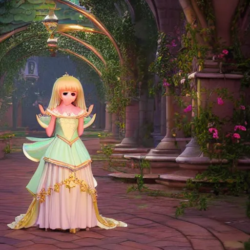 Image similar to a very detailed, ultra-realistic, pleasant, beautiful, funny, smooth 3D CG render, semirealistic anime style, close-up of a gorgeous, cute, gentle, noble priestess magician princess girl wearing dress and jewelry, in a glorious magic kingdom with castle and walls, relaxing calm vibes, fairytale, octane render